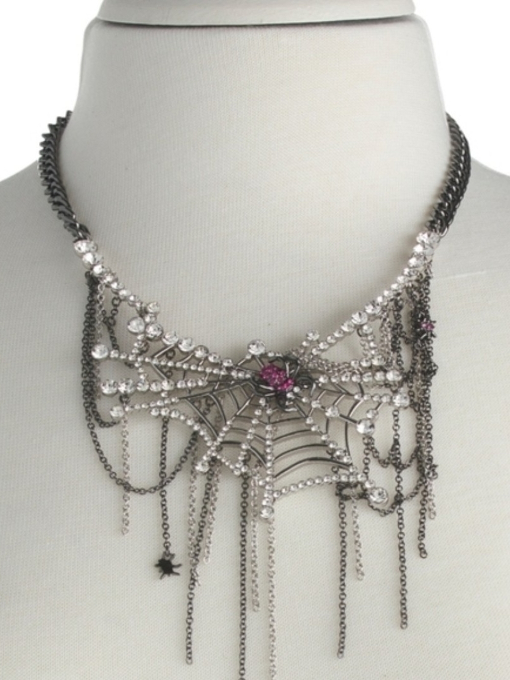 👉✨️ Betsey Johnson Silver & Black Spiderweb Necklace with Pink Stones - Picture 3 of 4